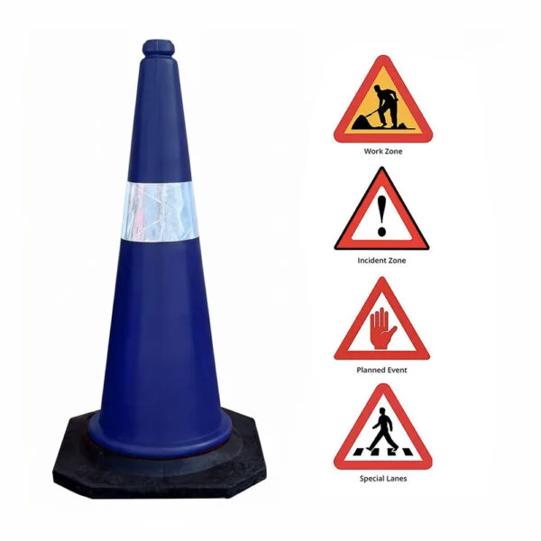 Heavy-duty blue safety cones for industrial traffic management