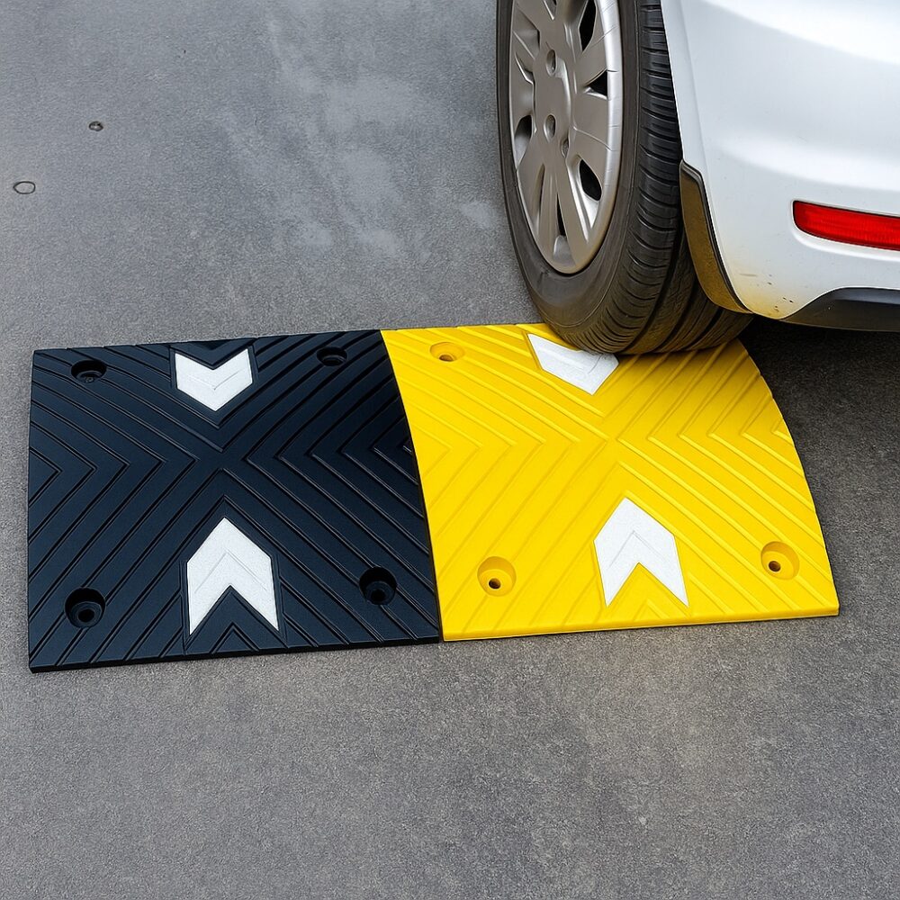 75mm Rubber Road Hump (MASSRB75-2) - High Profile Arrow Design 3 Car on Speed Bump